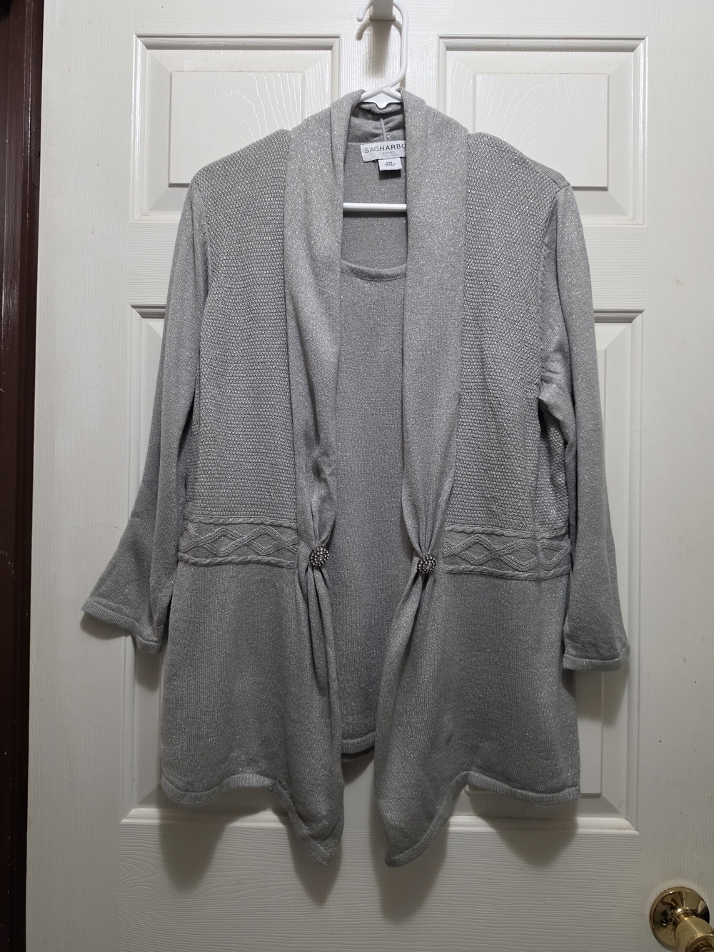 Sag Harbor Light Gray Open-Front Knit Cardigan with Decorative Brooches